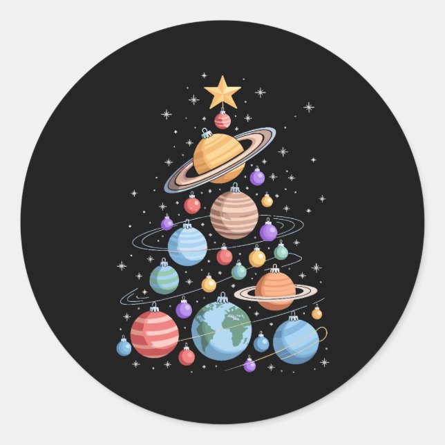 Solar System Planets Christmas Tree Space Holiday Classic Round Sticker (Front)