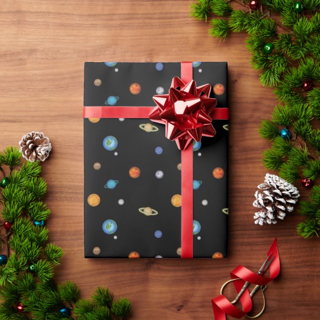 Solar System Planets in Dark Space Wrapping Paper (Holiday Gift)