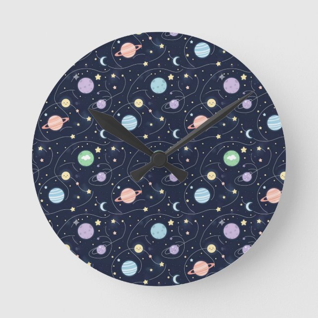 Solar System Planets Seamless Pattern Round Clock (Front)
