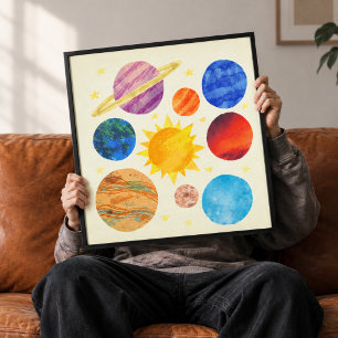 Solar System Watercolor & Textured Canvas Wall Art