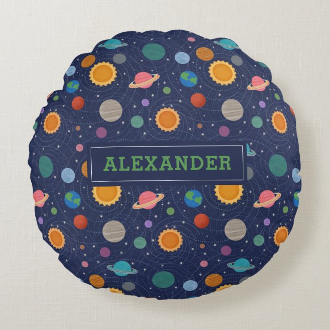 Solar System with Sun and Planets Personalised Round Cushion (Front)