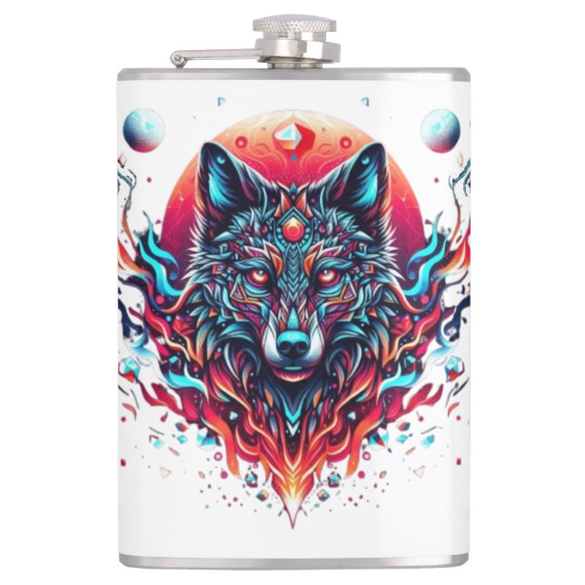 Solar Wolf Totem – Fire & Moonlight Fusion Hip Flask (Front)