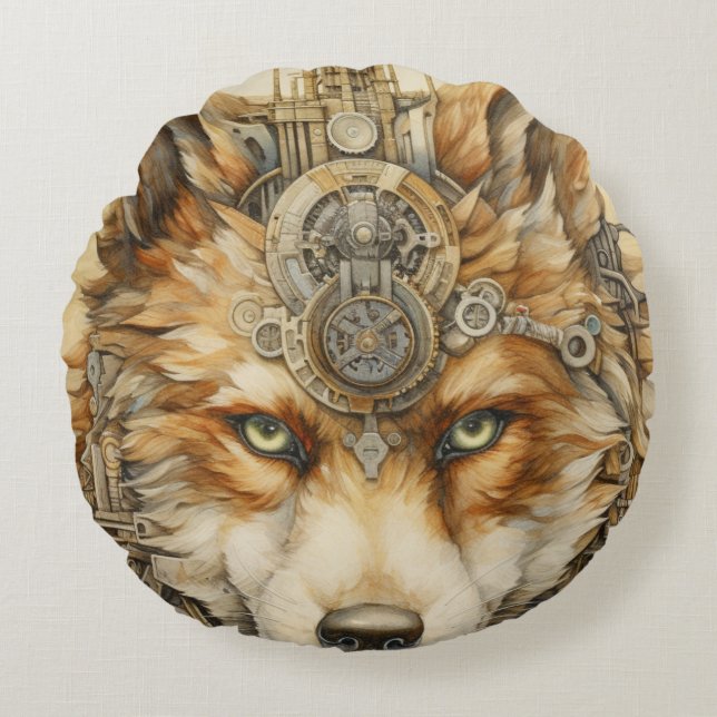 Solarpunk Red Wolf Steampunk inspiration Round Cushion (Front)