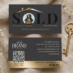 Sold Luxury Home Real Estate Agent Black Gold QR Business Card