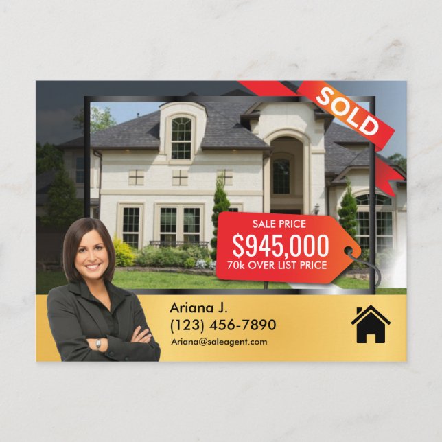 SOLD Real Estate Advert sale agent sleek golden Postcard (Front)