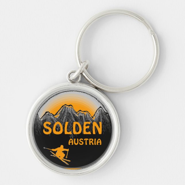 Solden Austria orange ski art keychain (Front)