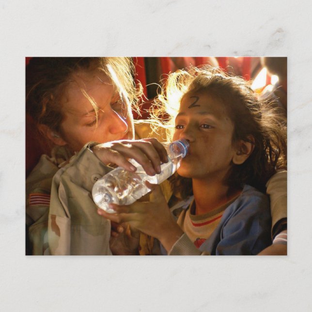 Soldier Helping a Refugee Child Postcard (Front)