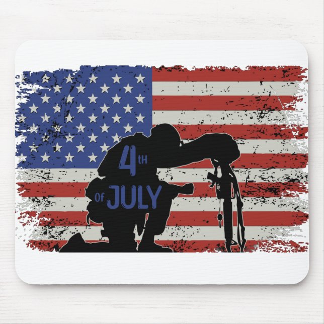 Soldier kneeling silhouette and American flag Mouse Pad (Front)