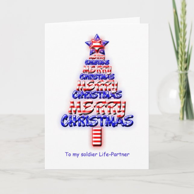 Soldier life partner, patriotic Christmas tree Holiday Card (Front)
