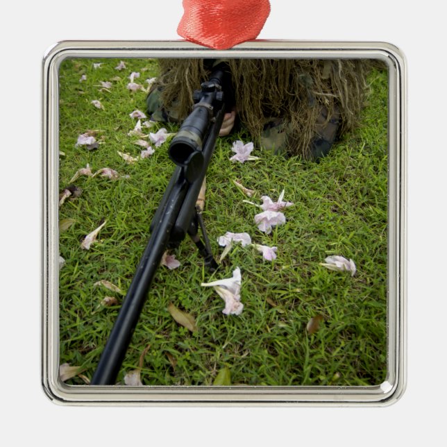 Soldier practices sniper tactics metal tree decoration (Front)