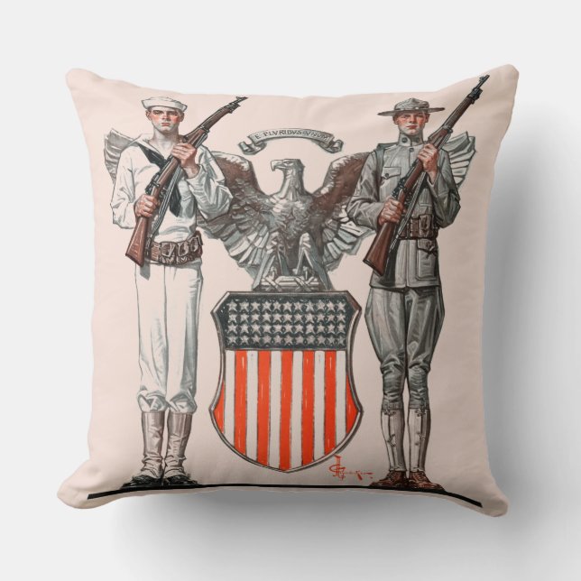Soldier, Sailor and U.S. Shield Cushion (Front)