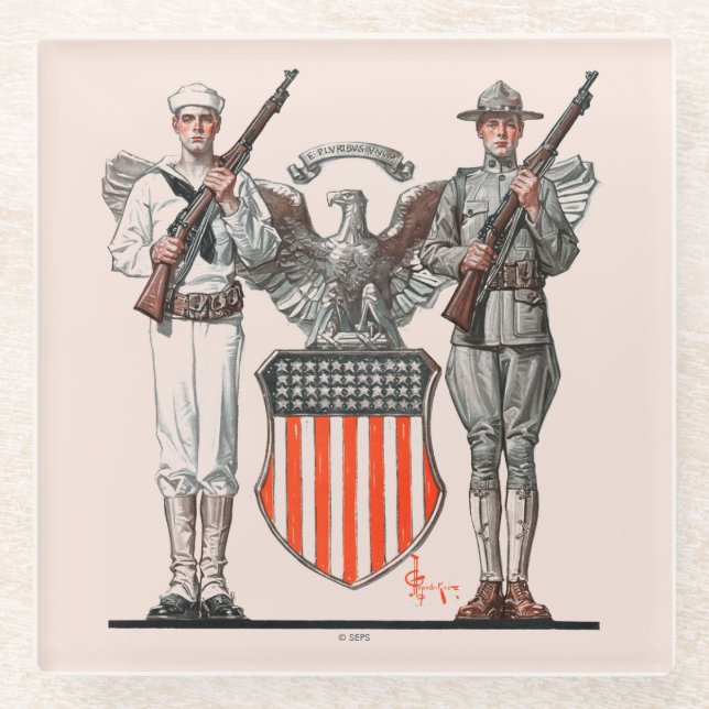 Soldier, Sailor and U.S. Shield Glass Coaster (Front)