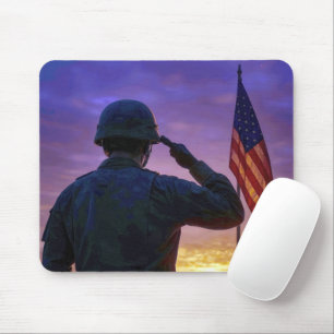 Soldier Saluting American Flag at Dawn Mouse Pad