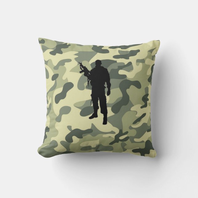 Soldier Silhouette on Camo Throw Pillow (Front)