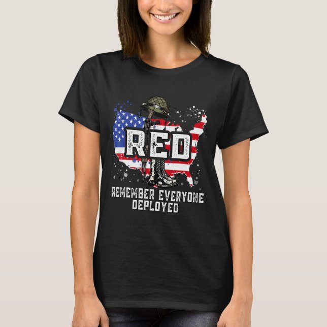 Soldier US Flag Map Remember Everyone Deployed Red T-Shirt (Front)