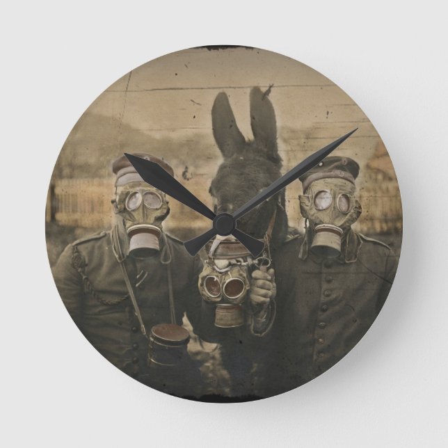 Soldiers Donkey and Gas Masks Round Clock (Front)