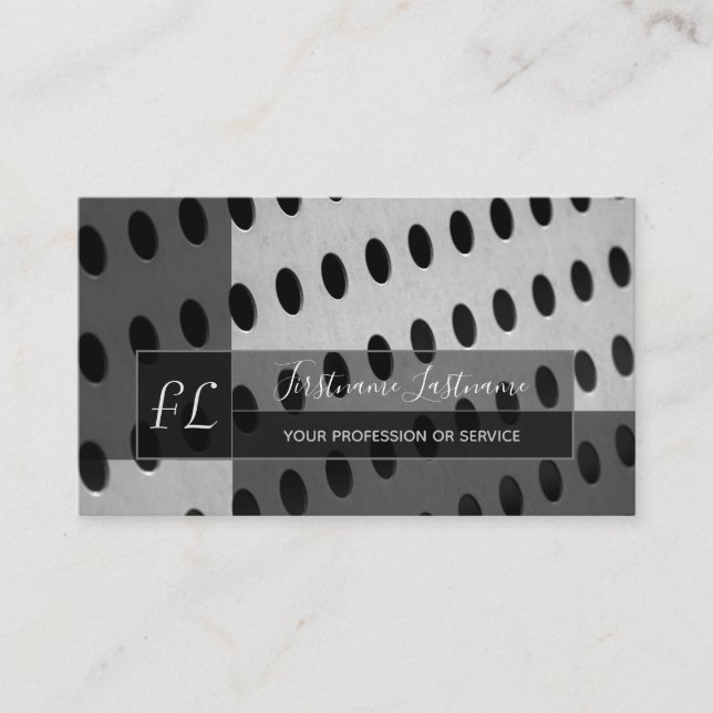 Solid abstract perforated metal plate monogram business card (Front)