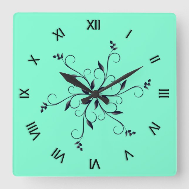 Solid Aquamarine with Roman Numerals Square Wall Clock (Front)