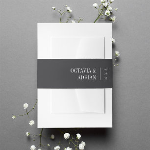 Solid Ash Black + Classic White Lettering Wedding Invitation Belly Band