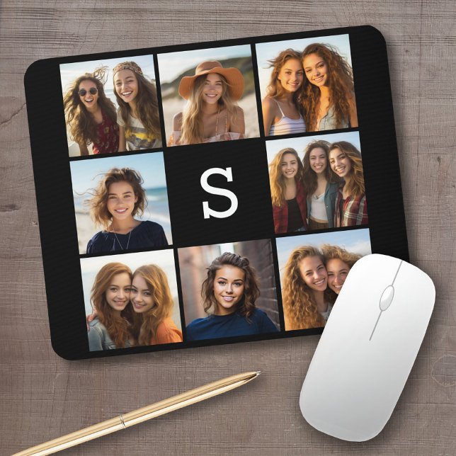 Solid Black 8 Photo Collage Custom Monogram Mouse Pad (Personalized mousepad - add your photos and custom text)