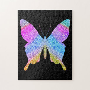 Solid Black Colourful Glitter Butterfly Fun Cute Jigsaw Puzzle