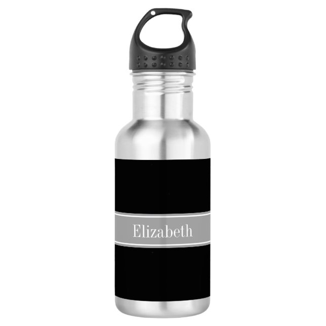 Solid Black, Dark Grey Ribbon Name Monogram 710 Ml Water Bottle (Front)