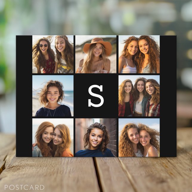 Solid Black Photo Collage Custom Monogram Postcard (Custom Personalized Photo Collage Postcard)