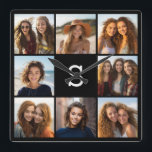 Solid Black Photo Collage Custom Monogram Square Wall Clock<br><div class="desc">Add 8 photos and custom text to make a unique keepsake for your wall. The art includes 8 pictures surrounding a text box where you can add a monogram or other text.</div>