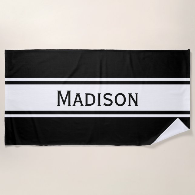Solid Black White Stripes Modern Name Beach Towel (Front)
