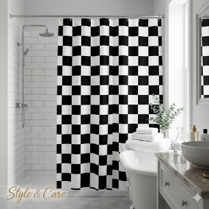 Solid Black with White Square Pattern Shower Curtain