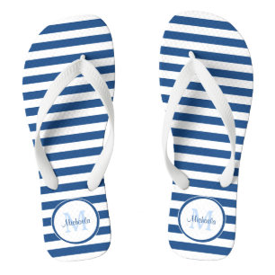 Solid Blue Stripes With Chic Monogram and Name Jandals
