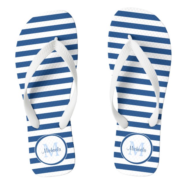 Solid Blue Stripes With Chic Monogram and Name Jandals (Footbed)