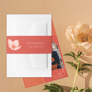 Solid bold grapefruit red modern wedding invitation belly band