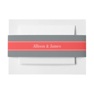 Solid Charcoal Grey Coral Red Ribbon Name Monogram Invitation Belly Band