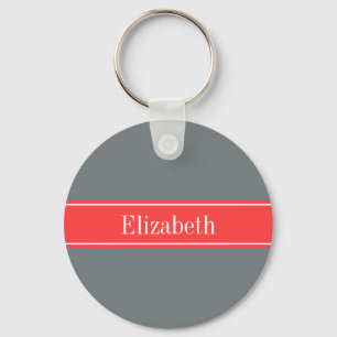 Solid Charcoal Grey Coral Red Ribbon Name Monogram Key Ring