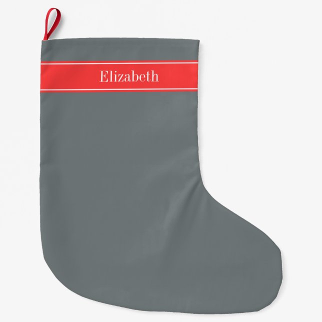 Solid Charcoal Grey Coral Red Ribbon Name Monogram Large Christmas Stocking (Front)