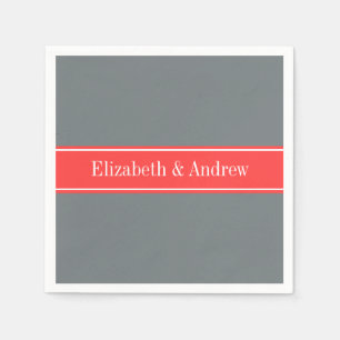 Solid Charcoal Grey Coral Red Ribbon Name Monogram Napkin