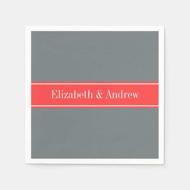 Solid Charcoal Grey Coral Red Ribbon Name Monogram Napkin (Front)