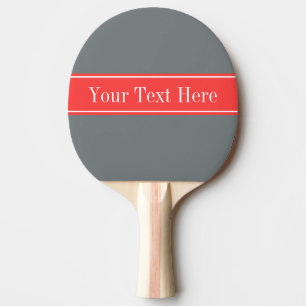 Solid Charcoal Grey Coral Red Ribbon Name Monogram Ping Pong Paddle