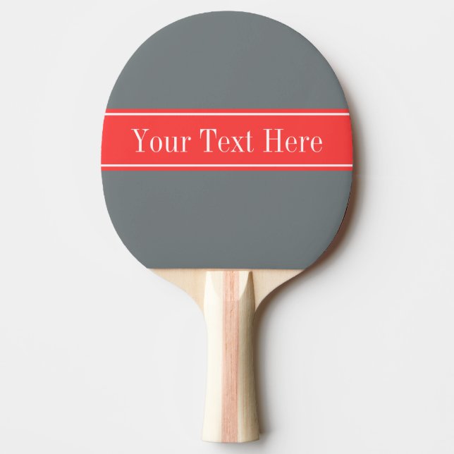 Solid Charcoal Grey Coral Red Ribbon Name Monogram Ping Pong Paddle (Front)