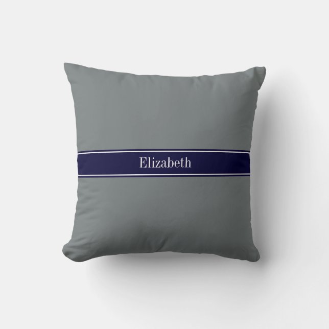 Solid Charcoal Grey Navy Blue Ribbon Name Monogram Cushion (Front)