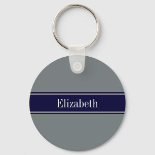 Solid Charcoal Grey Navy Blue Ribbon Name Monogram Key Ring