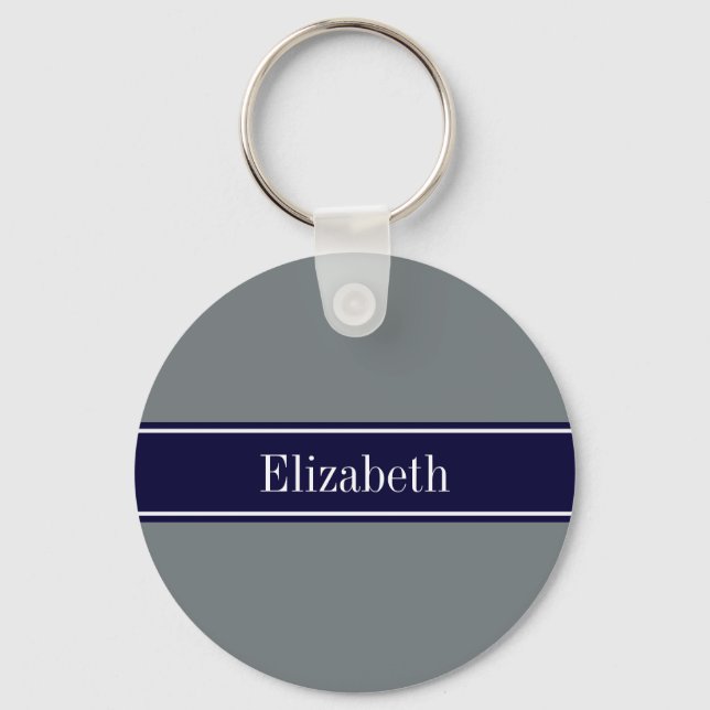 Solid Charcoal Grey Navy Blue Ribbon Name Monogram Key Ring (Front)