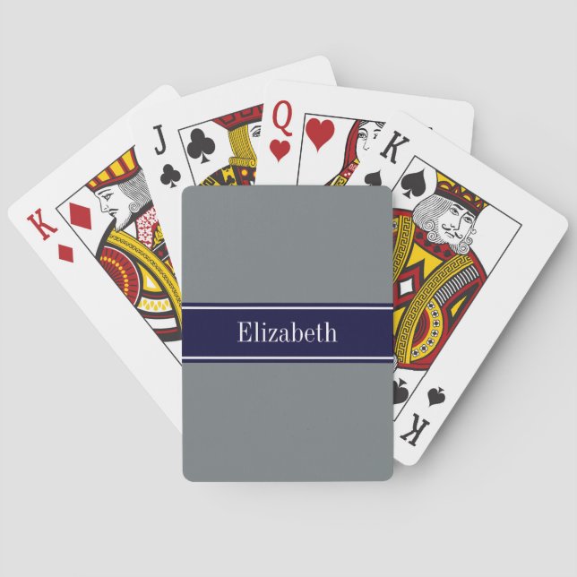 Solid Charcoal Grey Navy Blue Ribbon Name Monogram Playing Cards (Back)