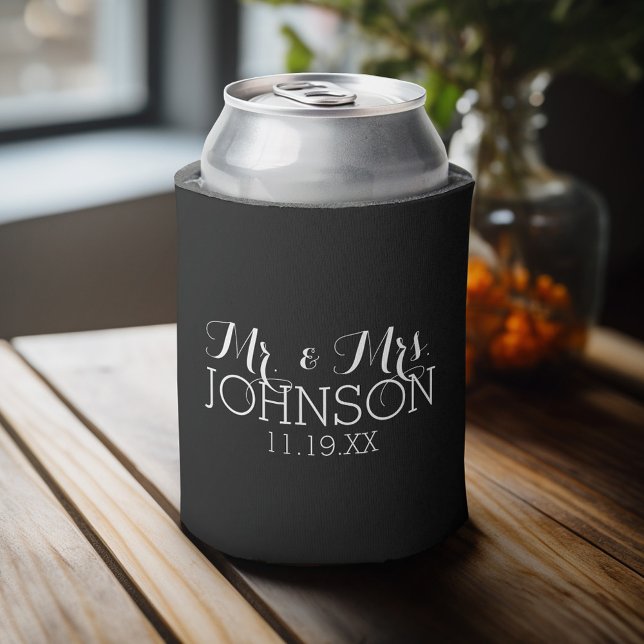 Solid Colour Black Mr & Mrs Wedding Favours Can Cooler (Personalized Can Cooler - Add Your name for a great wedding anniversary party favor)