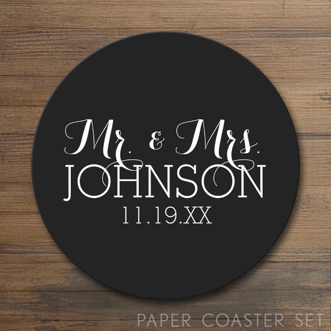 Solid Colour Black Mr & Mrs Wedding Favours Round Paper Coaster (Custom Coaster)