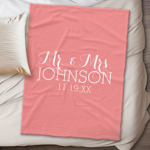 Solid Colour Coral Peach - Mr & Mrs Wedding Favour Fleece Blanket