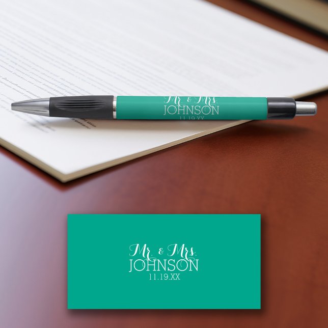 Solid Colour Emerald Green Mr & Mrs Wedding Favour (Personalized pen)