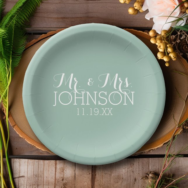 Solid Colour Mint Green - Mr & Mrs Wedding Favours Paper Plate (Personalized Wedding and Anniversary Party Plates)