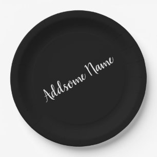 Solid Colour Modern Basic Black Monogrammed Paper Plate